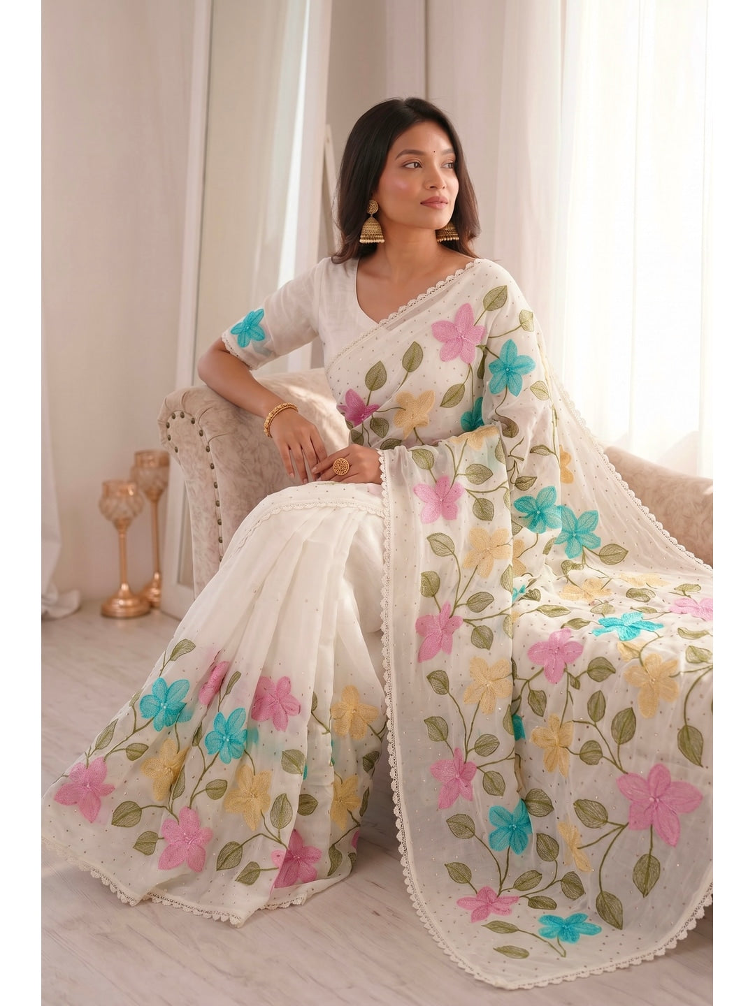 Peachmode White Viscose Saree with Floral Thread Work - Image 5