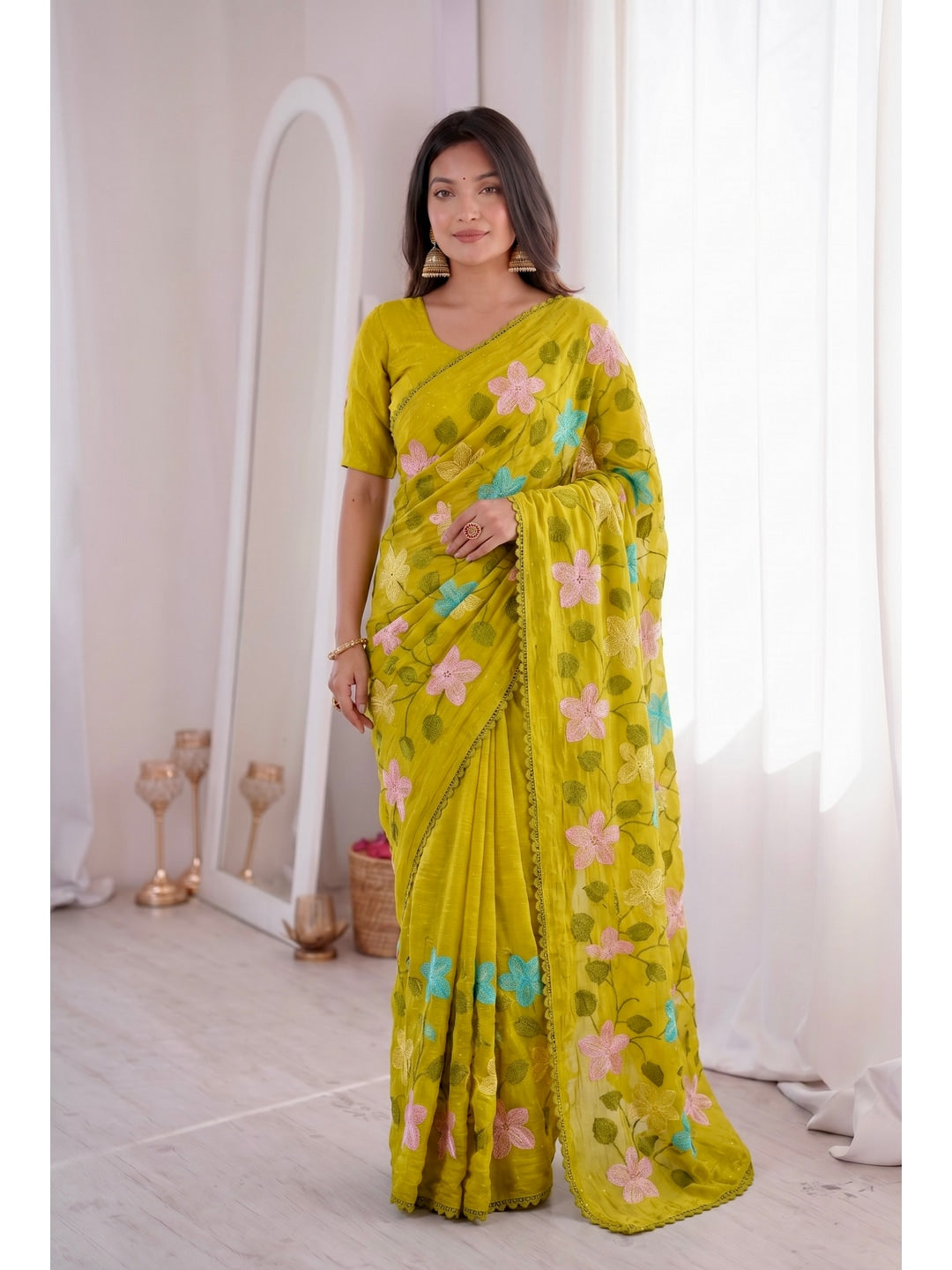 Peachmode Mustard Viscose Saree with Floral Thread Work - Image 1