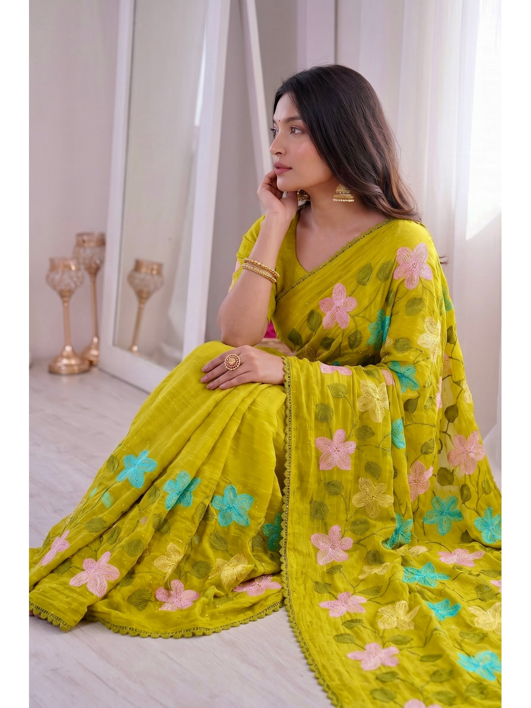 Peachmode Mustard Viscose Saree with Floral Thread Work - Image 2