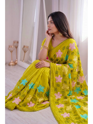 Peachmode Mustard Viscose Saree with Floral Thread Work - Image 2