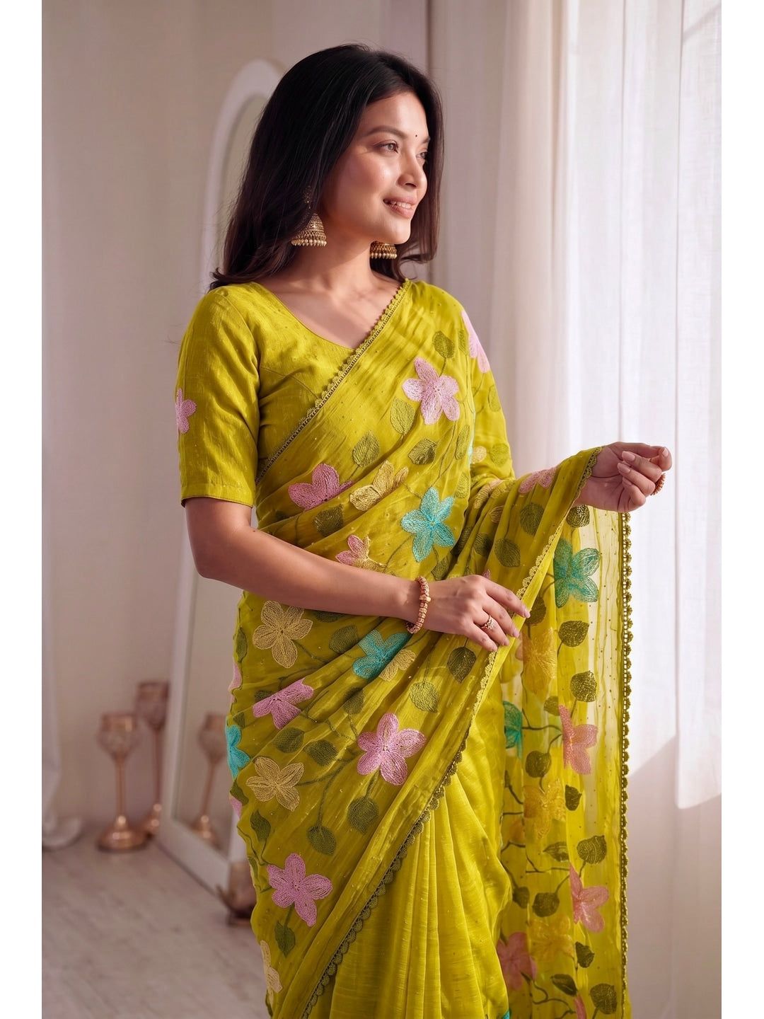 Peachmode Mustard Viscose Saree with Floral Thread Work - Image 3