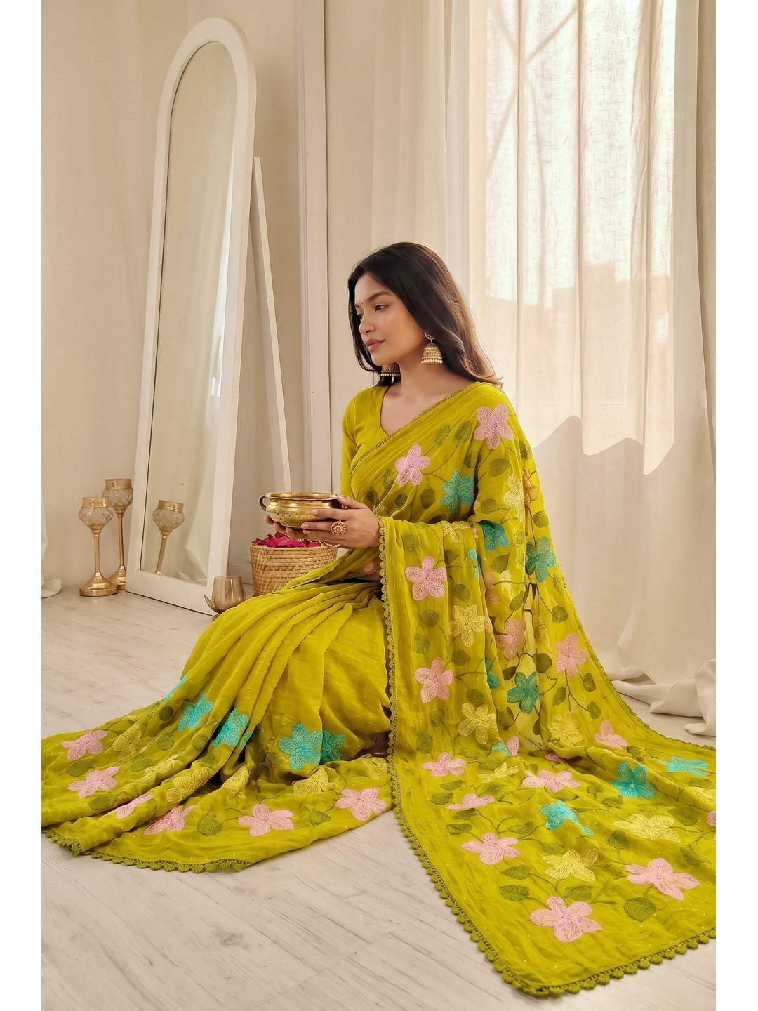 Peachmode Mustard Viscose Saree with Floral Thread Work - Image 4
