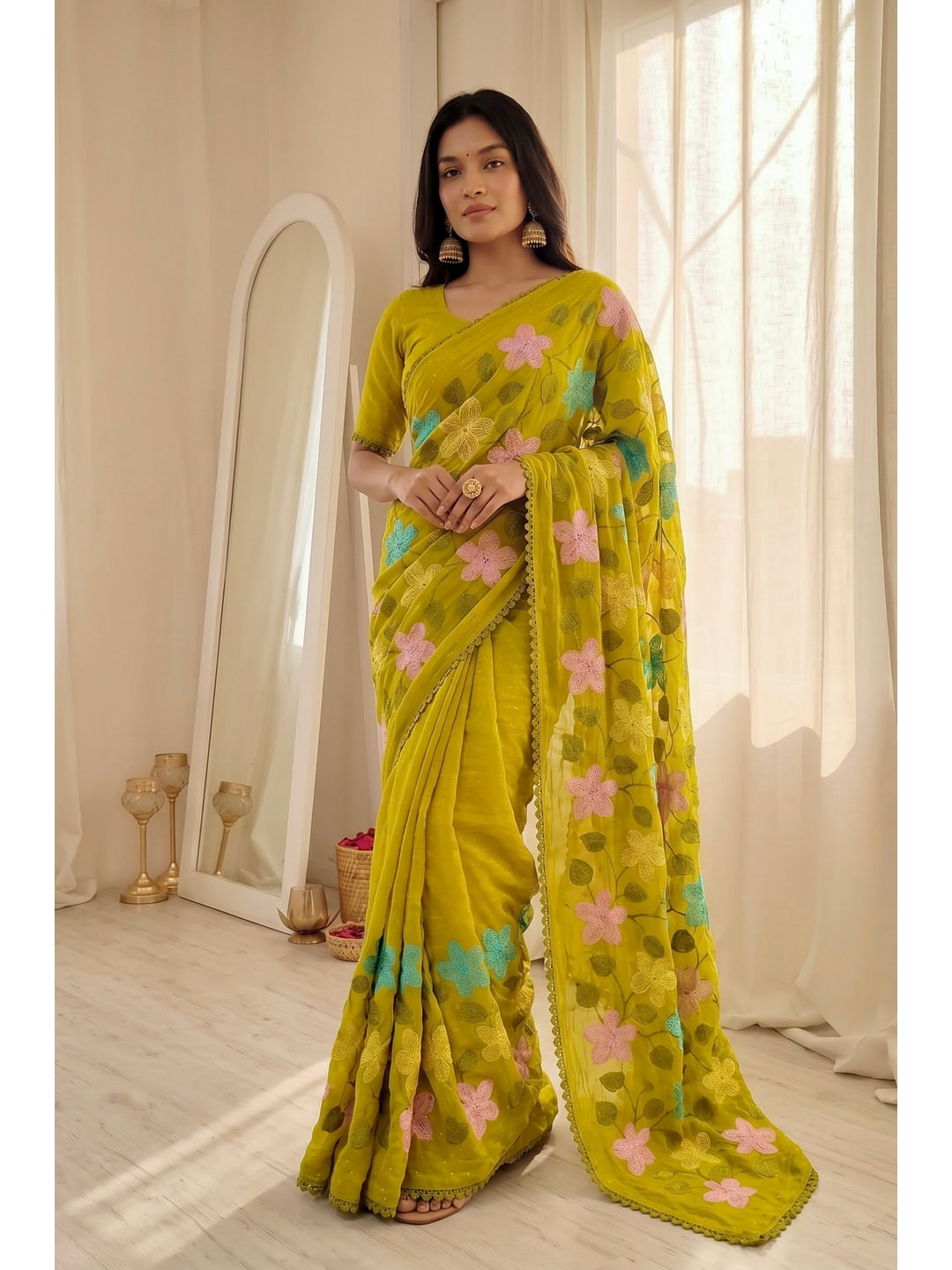 Peachmode Mustard Viscose Saree with Floral Thread Work - Image 5