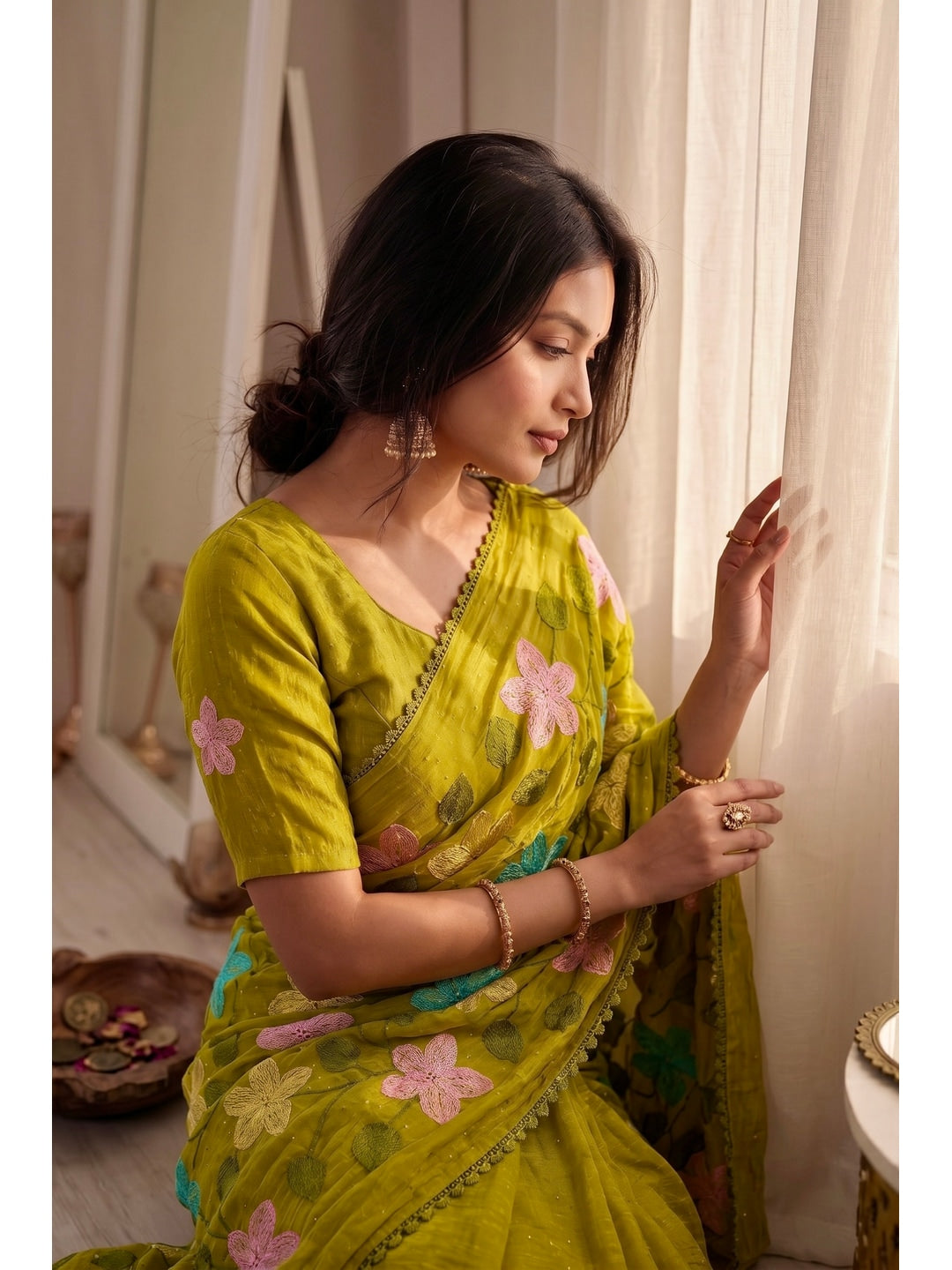 Peachmode Mustard Viscose Saree with Floral Thread Work - Image 6