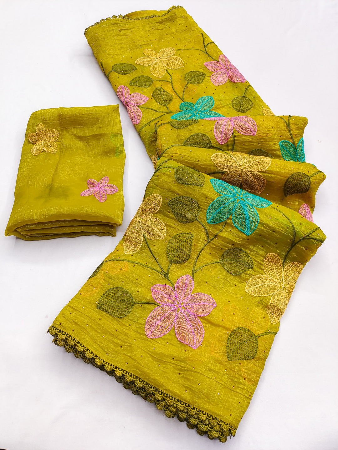 Peachmode Mustard Viscose Saree with Floral Thread Work - Image 7