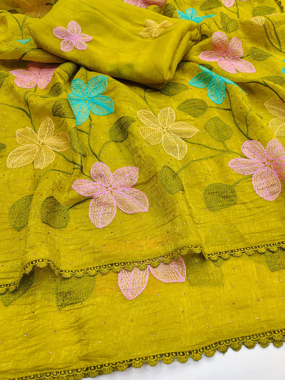 Peachmode Mustard Viscose Saree with Floral Thread Work - Image 8