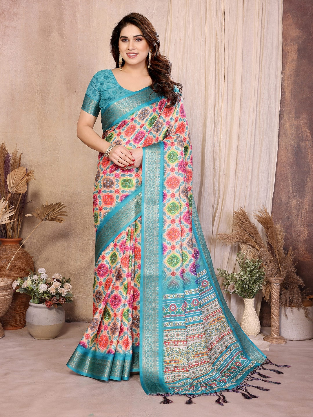 Peachmode Multicolor Cotton Silk Bandhej Print Saree with Zari Border - Image 1