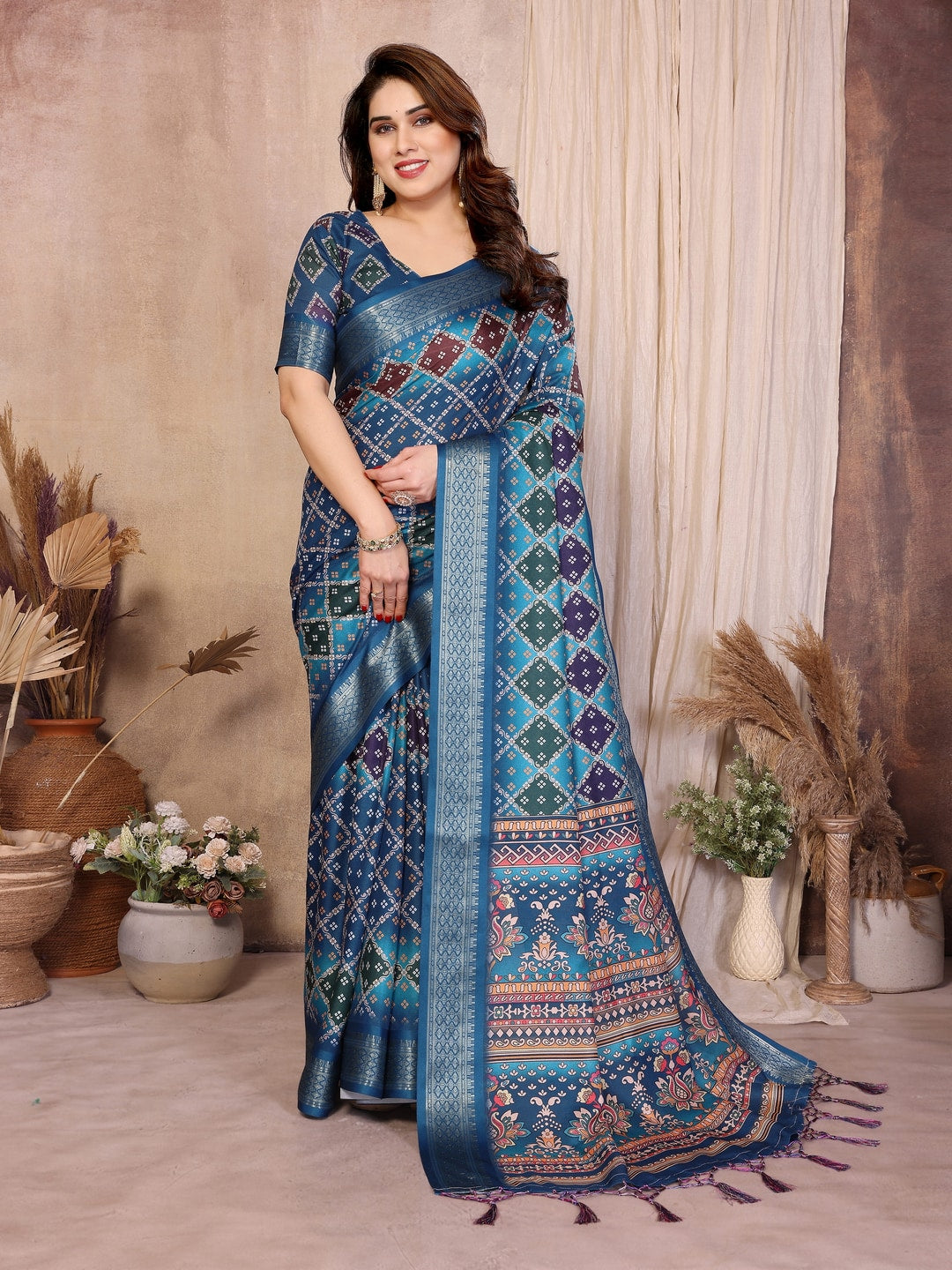 Peachmode Teal Cotton Silk Bandhej Print Saree with Zari Border - Image 1