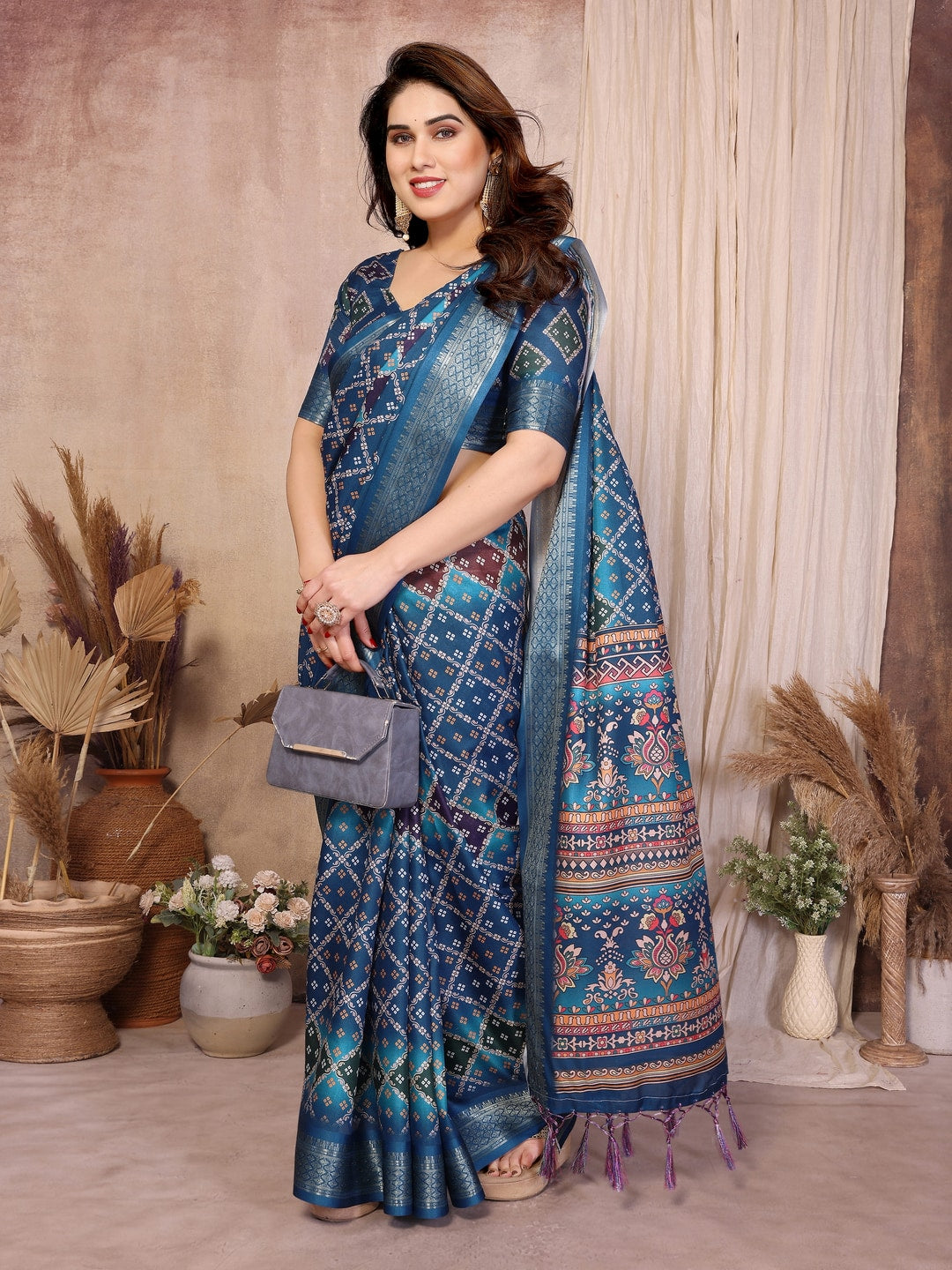 Peachmode Teal Cotton Silk Bandhej Print Saree with Zari Border - Image 3