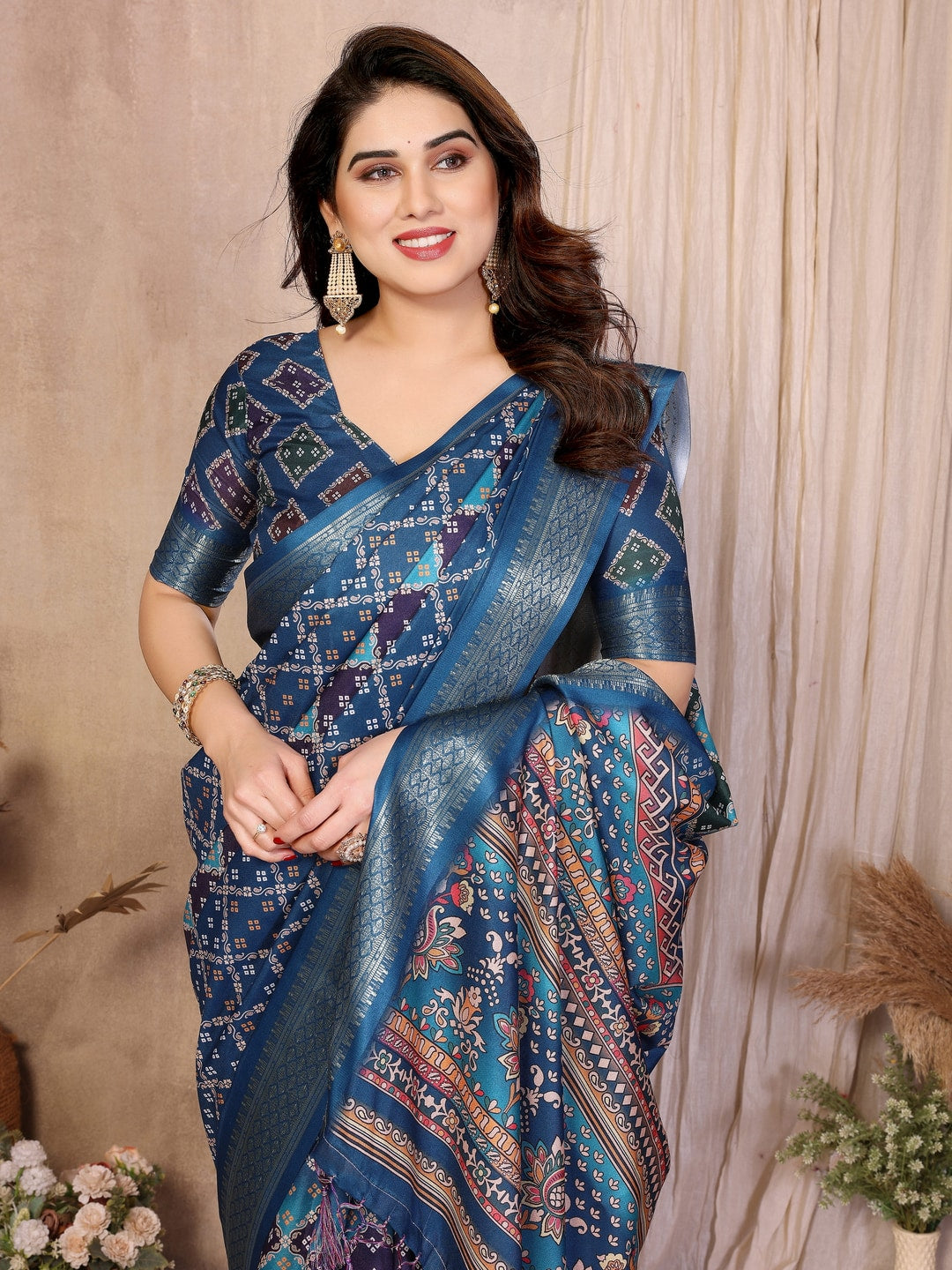 Peachmode Teal Cotton Silk Bandhej Print Saree with Zari Border - Image 6