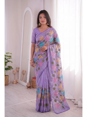 Peachmode Lavender Viscose Saree with Floral Thread Work - Image 1