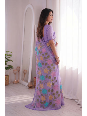 Peachmode Lavender Viscose Saree with Floral Thread Work - Image 2