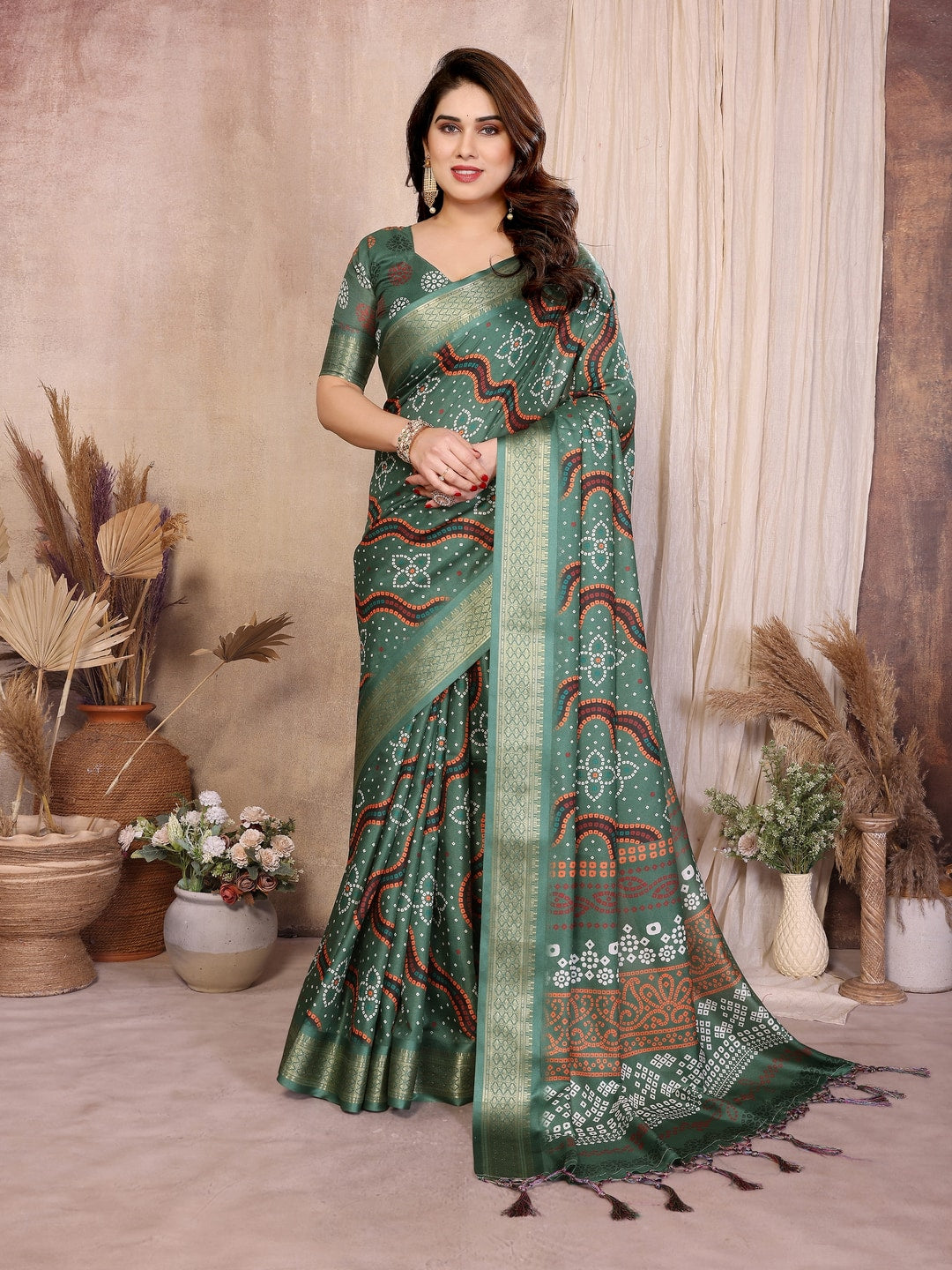 Peachmode Green Cotton Silk Bandhej Print Saree with Zari Border - Image 1