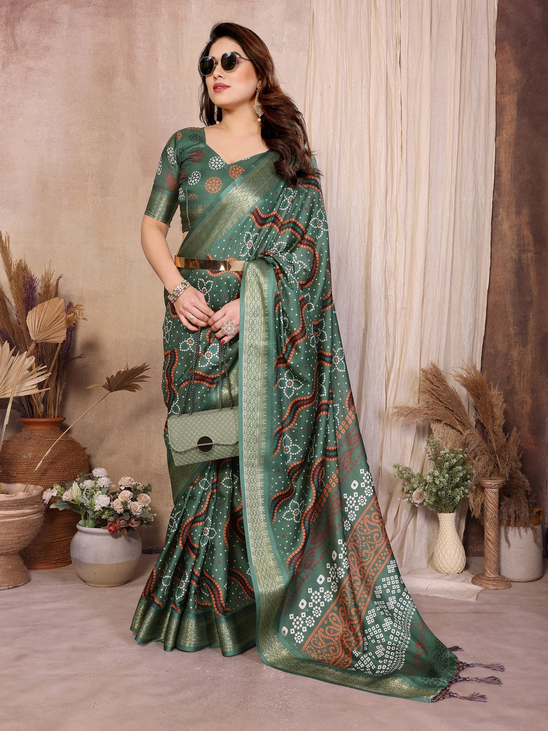 Peachmode Green Cotton Silk Bandhej Print Saree with Zari Border - Image 5
