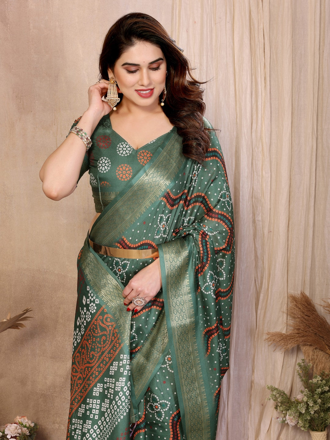 Peachmode Green Cotton Silk Bandhej Print Saree with Zari Border - Image 6