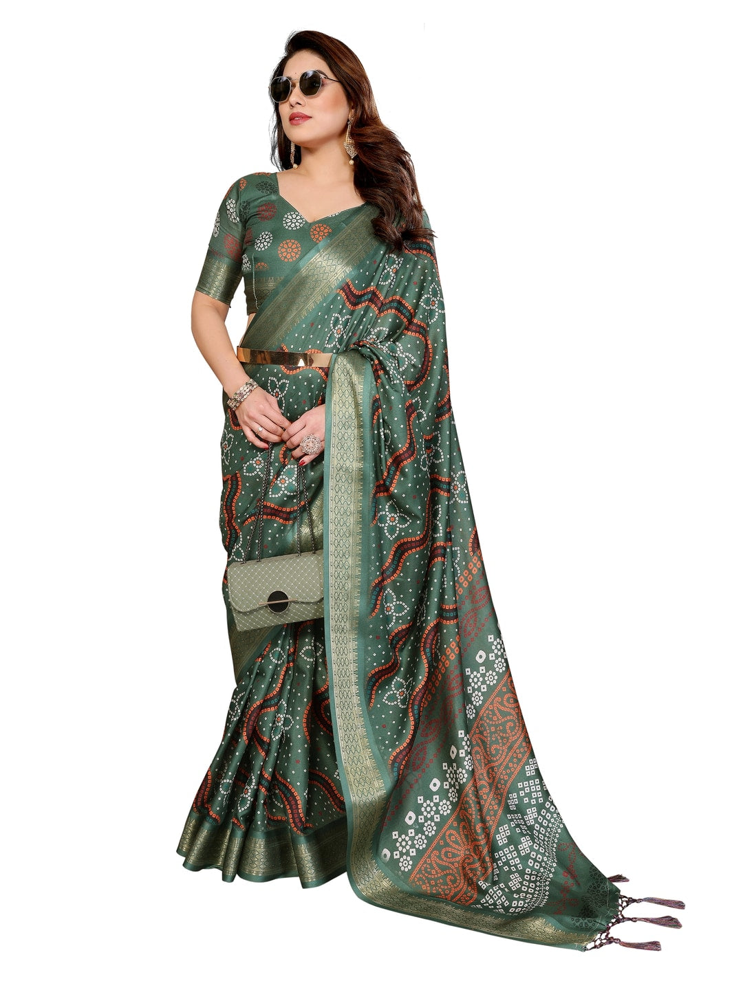 Peachmode Green Cotton Silk Bandhej Print Saree with Zari Border - Image 12