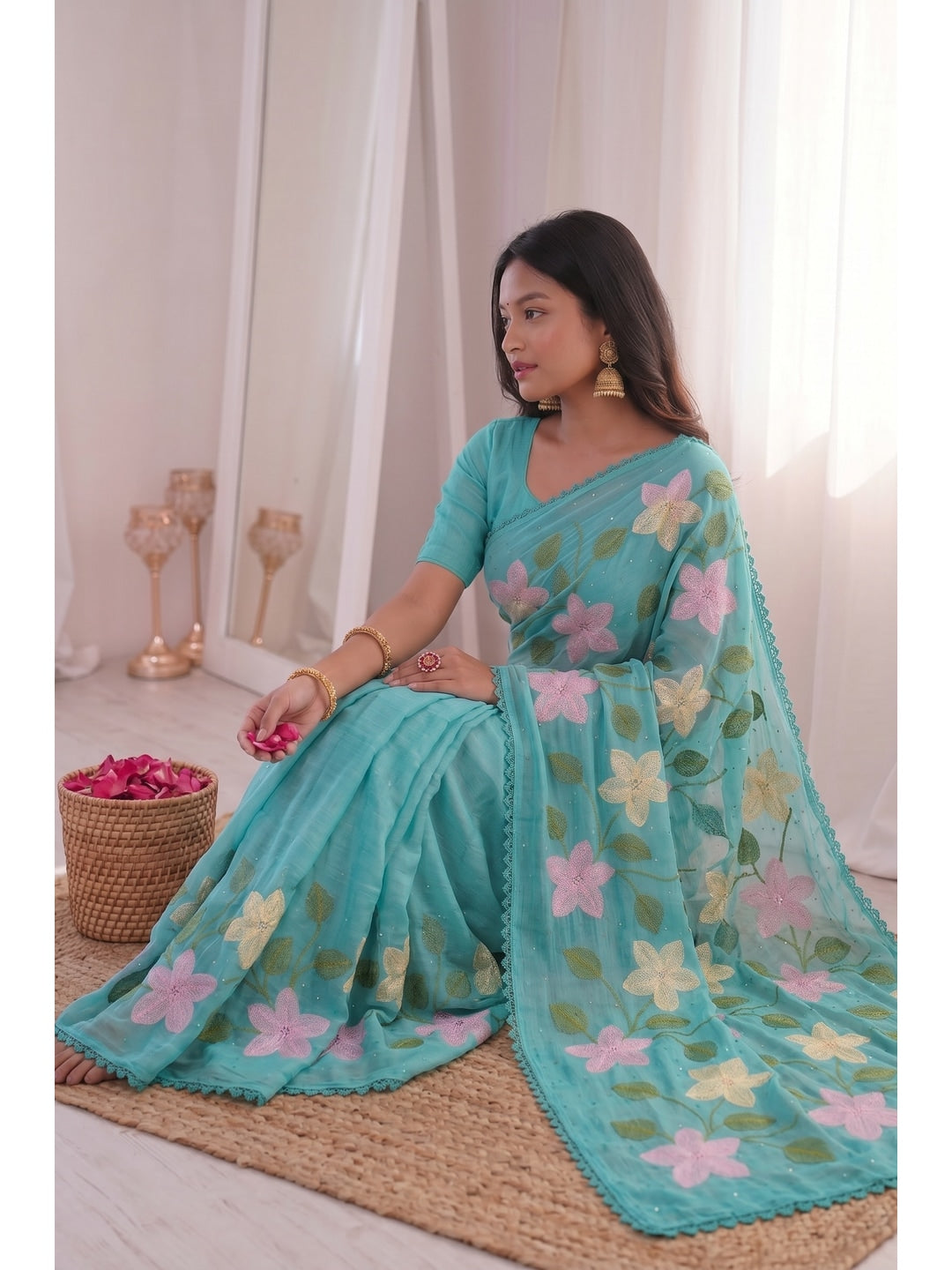 Peachmode Turquoise Viscose Saree with Floral Thread Work - Image 1