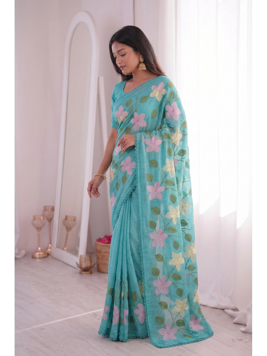 Peachmode Turquoise Viscose Saree with Floral Thread Work - Image 2