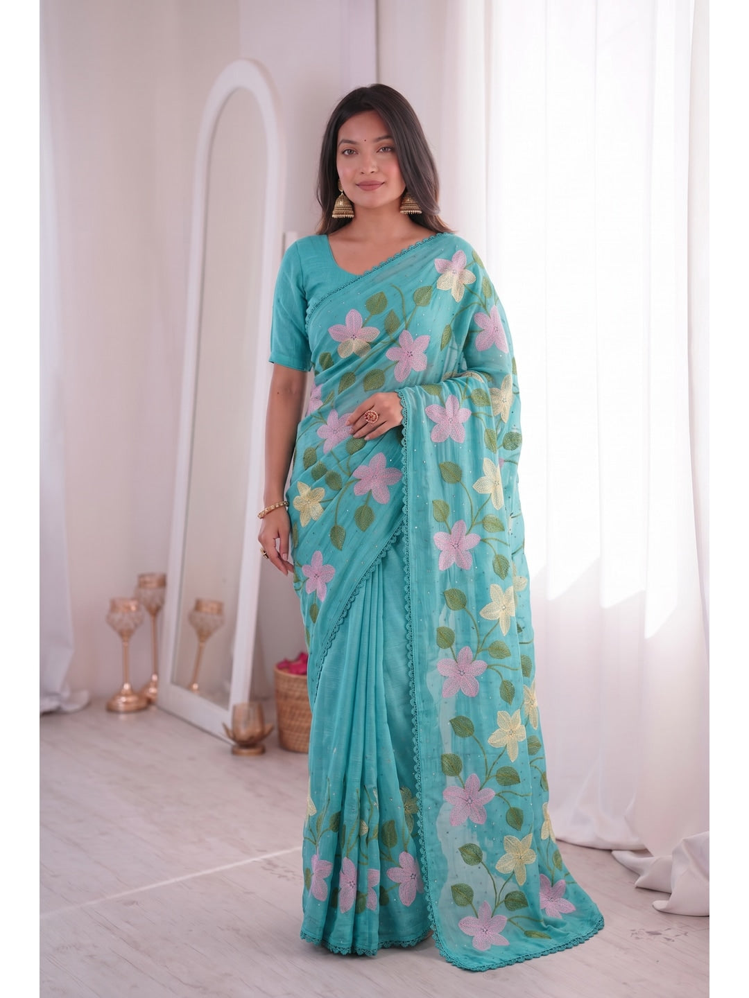 Peachmode Turquoise Viscose Saree with Floral Thread Work - Image 3