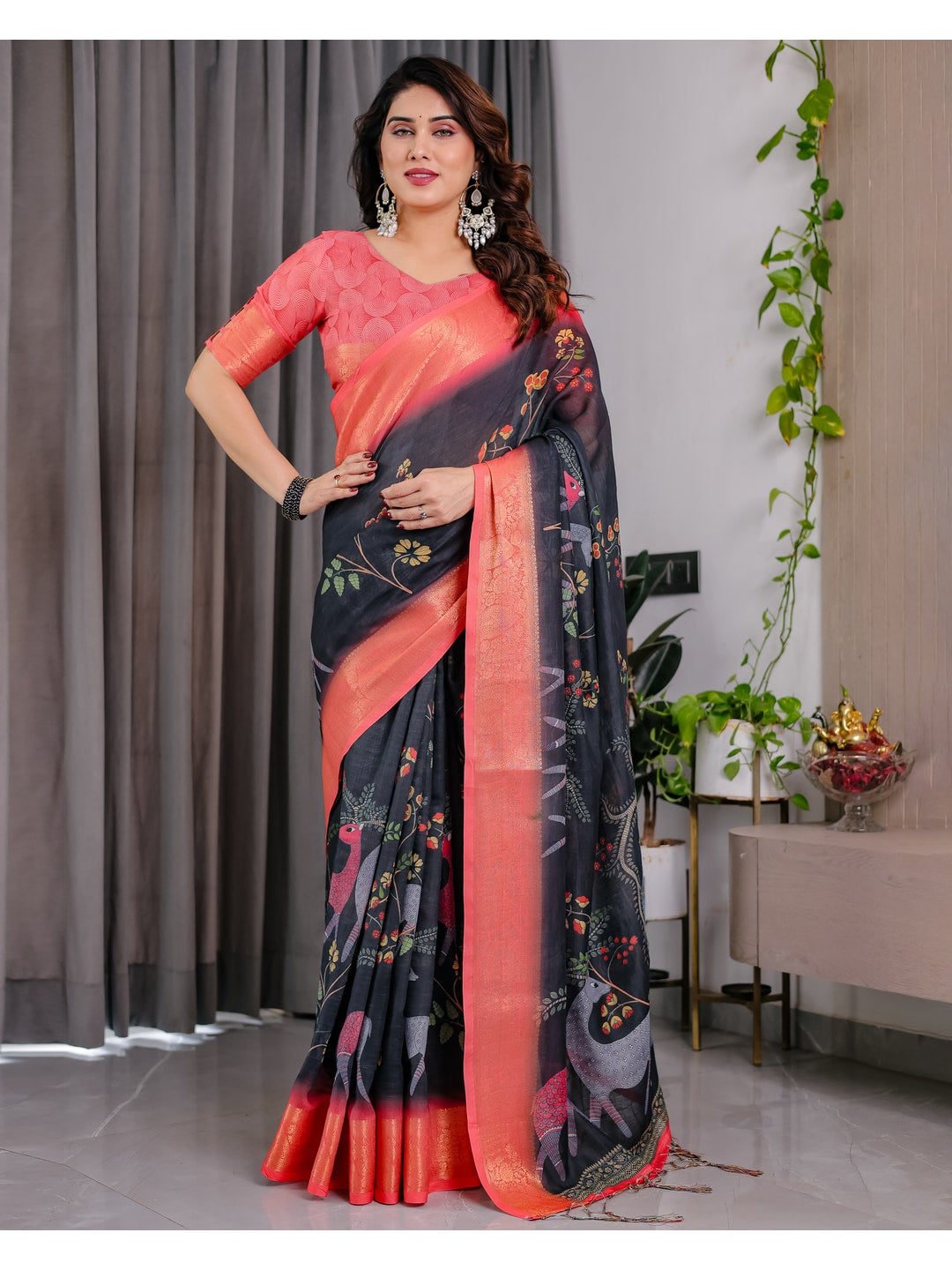 Peachmode Black Handloom Linen Cotton Floral Print Saree - Image 1