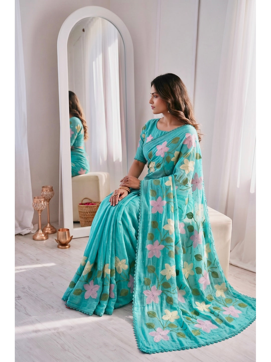Peachmode Turquoise Viscose Saree with Floral Thread Work - Image 4