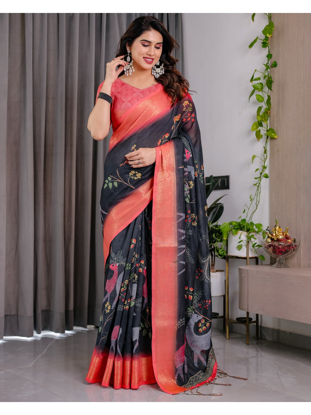 Peachmode Black Handloom Linen Cotton Floral Print Saree - Image 2