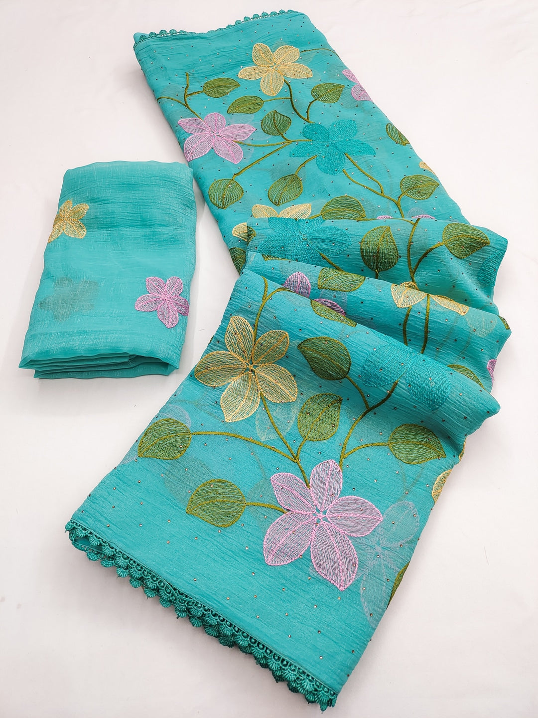 Peachmode Turquoise Viscose Saree with Floral Thread Work - Image 5