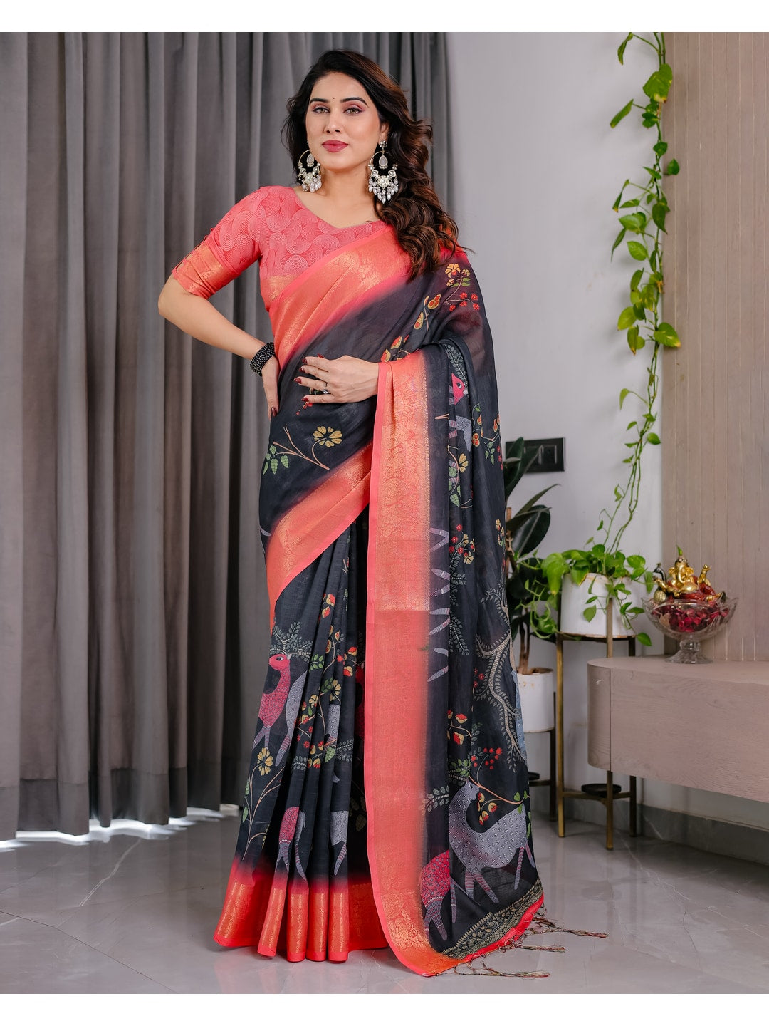 Peachmode Black Handloom Linen Cotton Floral Print Saree - Image 3