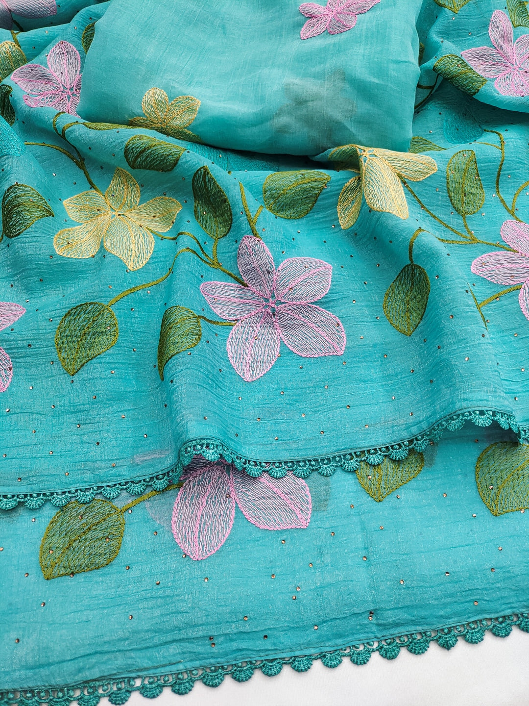 Peachmode Turquoise Viscose Saree with Floral Thread Work - Image 6