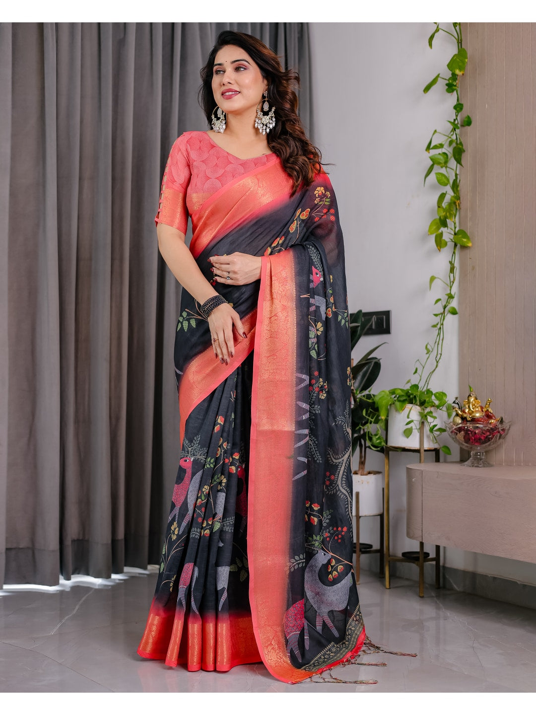 Peachmode Black Handloom Linen Cotton Floral Print Saree - Image 4