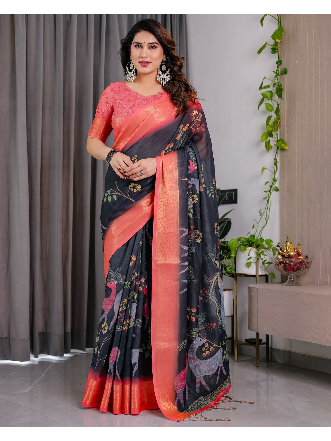 Peachmode Black Handloom Linen Cotton Floral Print Saree - Image 5