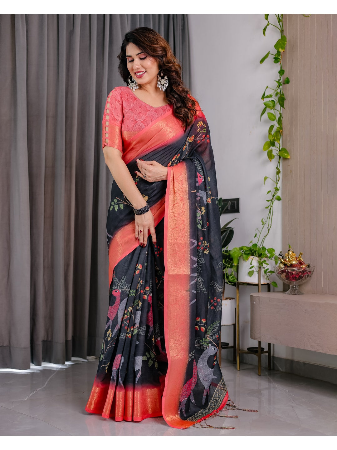 Peachmode Black Handloom Linen Cotton Floral Print Saree - Image 6