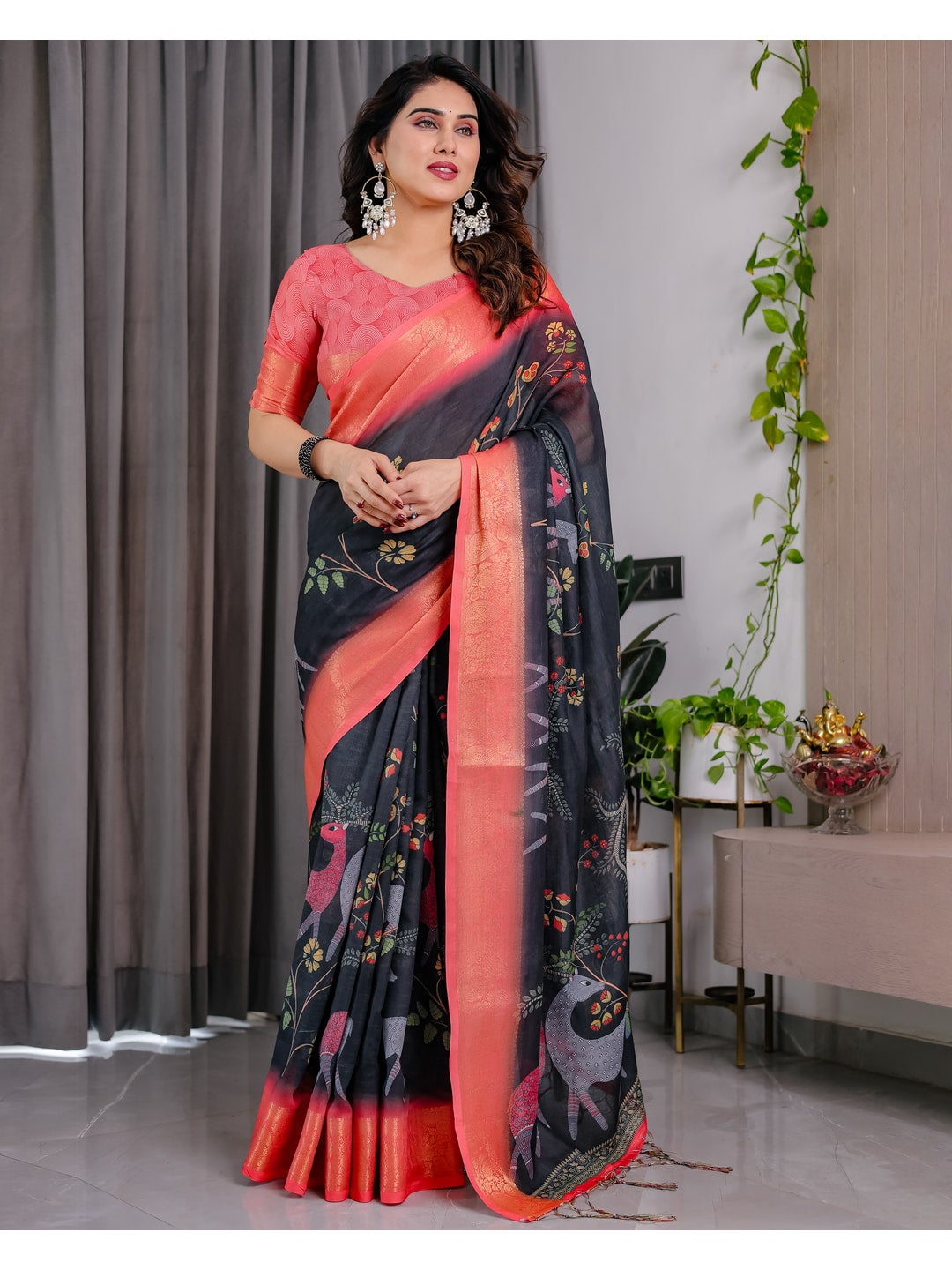 Peachmode Black Handloom Linen Cotton Floral Print Saree - Image 7