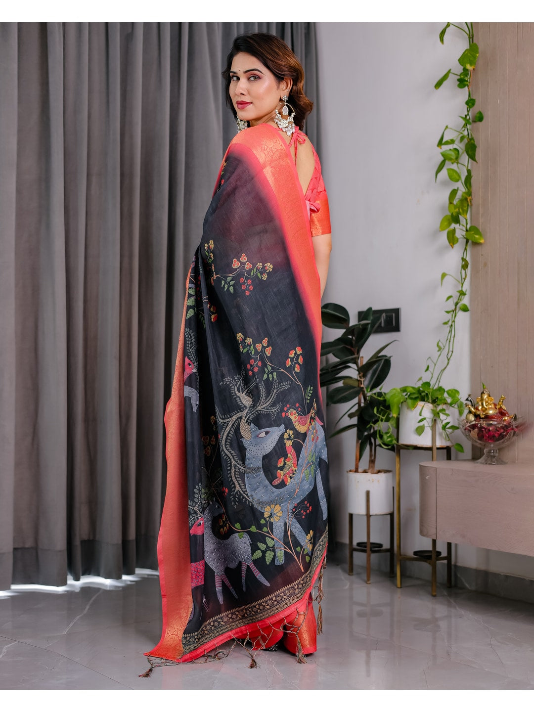 Peachmode Black Handloom Linen Cotton Floral Print Saree - Image 8