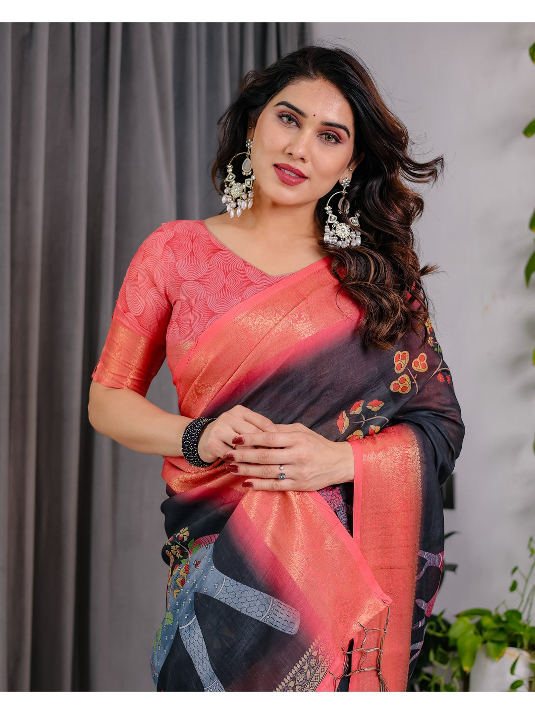 Peachmode Black Handloom Linen Cotton Floral Print Saree - Image 13