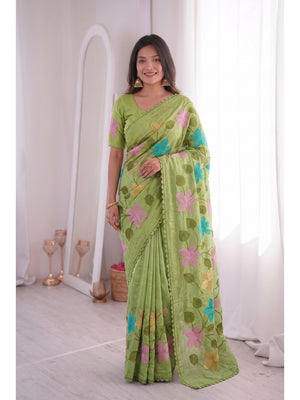 Peachmode Green Viscose Saree with Floral Thread Work - Image 1