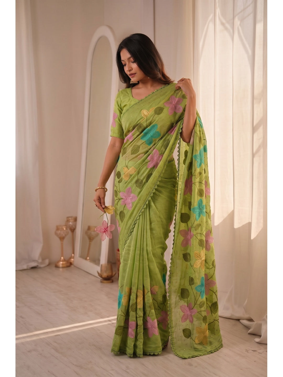 Peachmode Green Viscose Saree with Floral Thread Work - Image 2