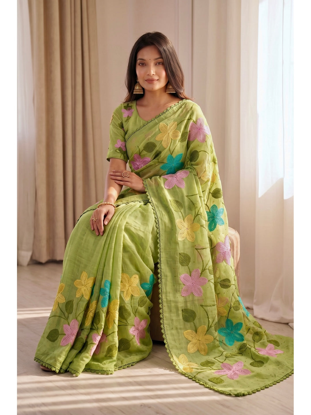 Peachmode Green Viscose Saree with Floral Thread Work - Image 4