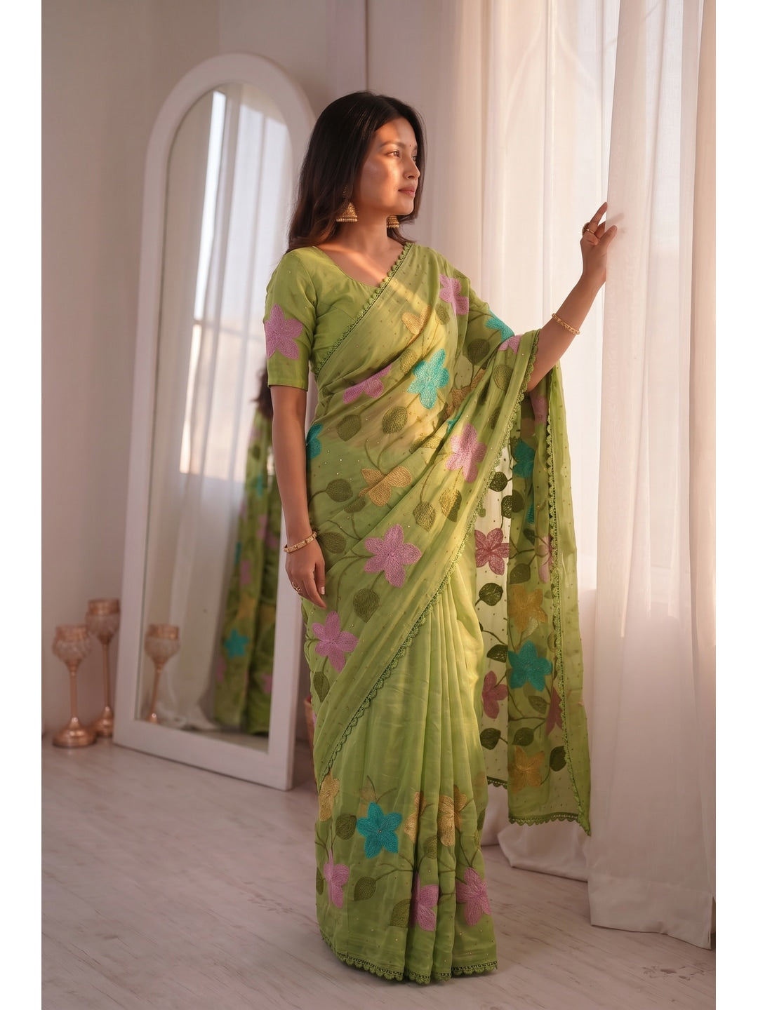 Peachmode Green Viscose Saree with Floral Thread Work - Image 5