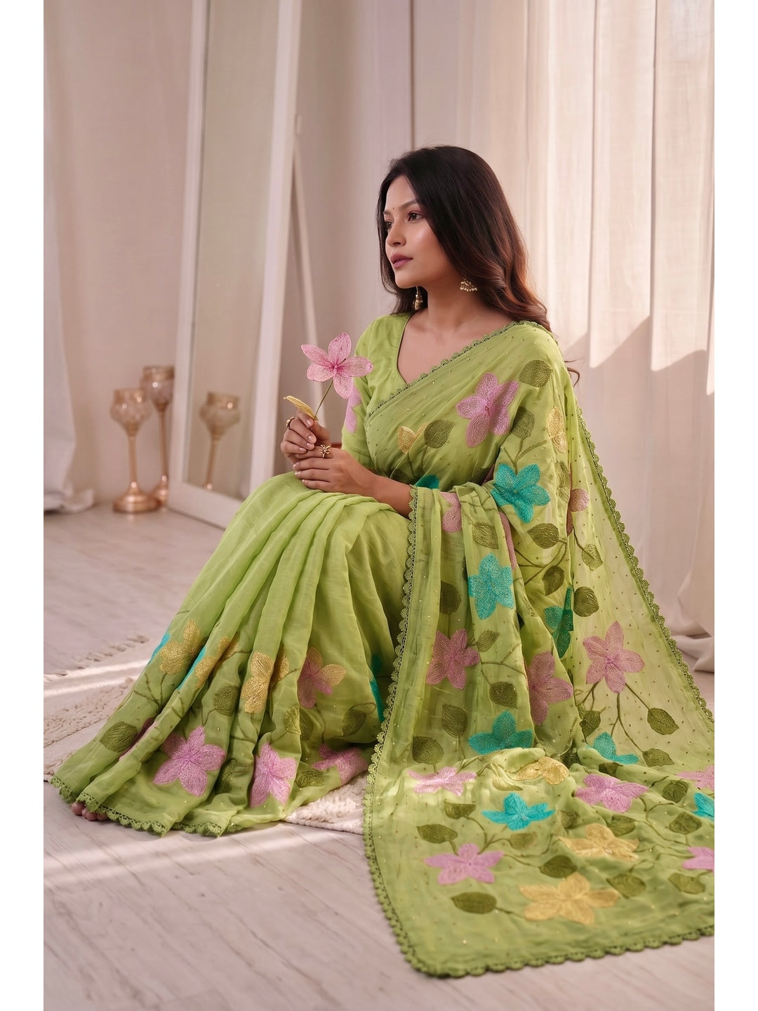 Peachmode Green Viscose Saree with Floral Thread Work - Image 6