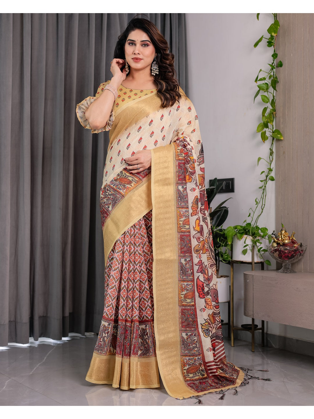 Peachmode Green Handloom Linen Cotton Floral Print Saree - Image 2