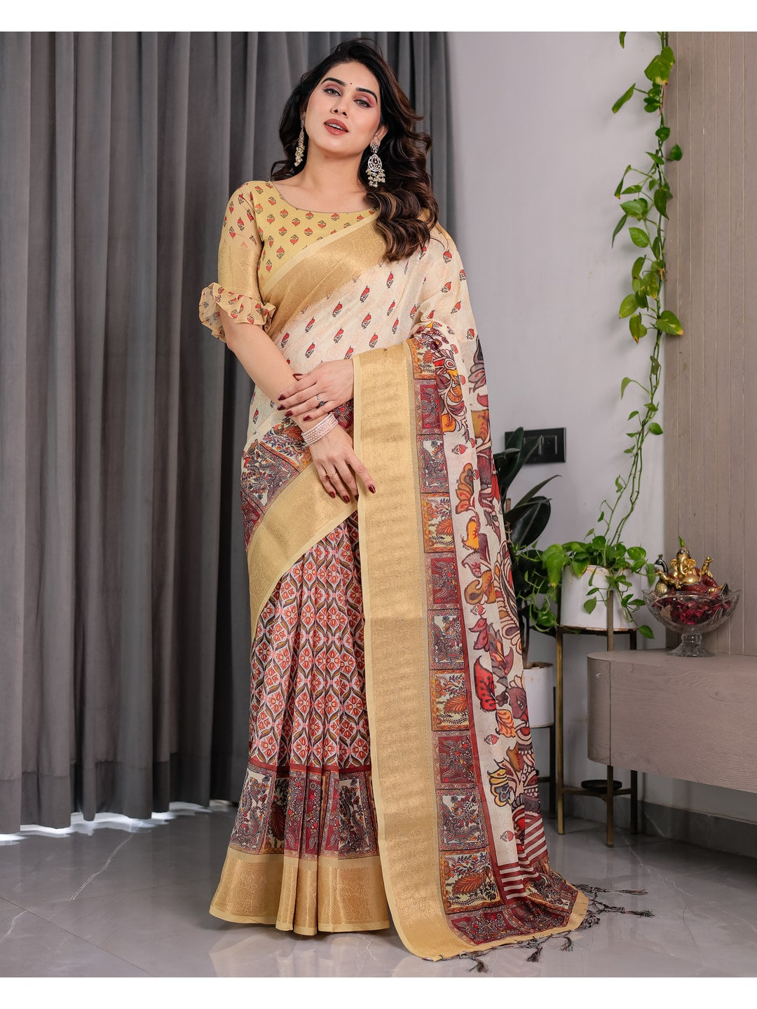 Peachmode Green Handloom Linen Cotton Floral Print Saree - Image 3