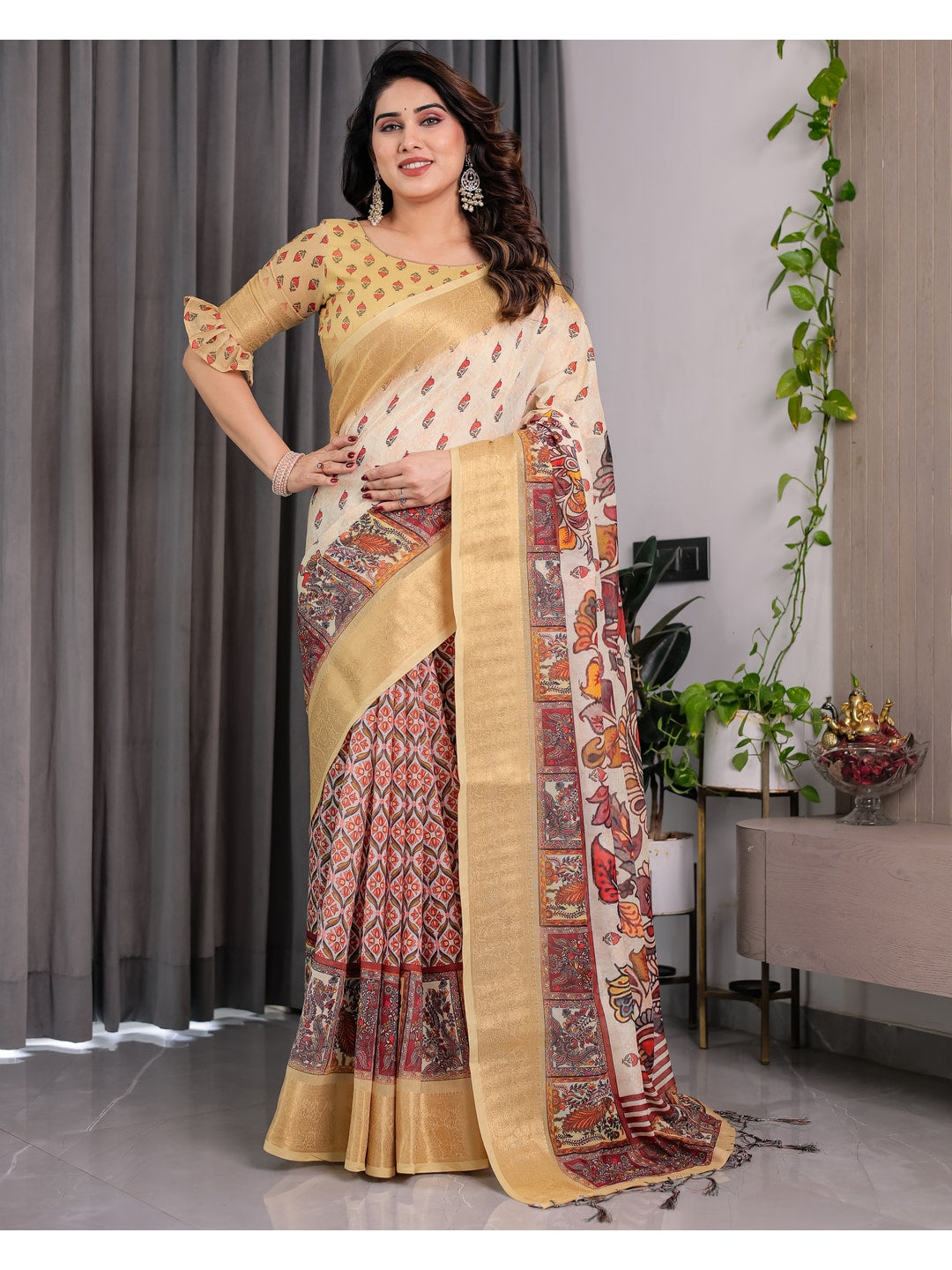 Peachmode Green Handloom Linen Cotton Floral Print Saree - Image 4