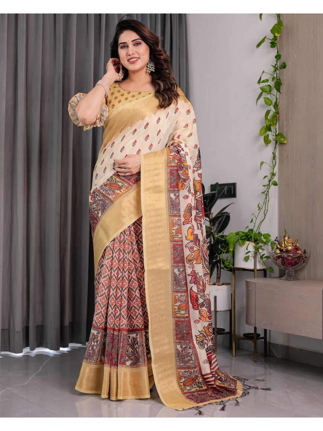 Peachmode Green Handloom Linen Cotton Floral Print Saree - Image 7