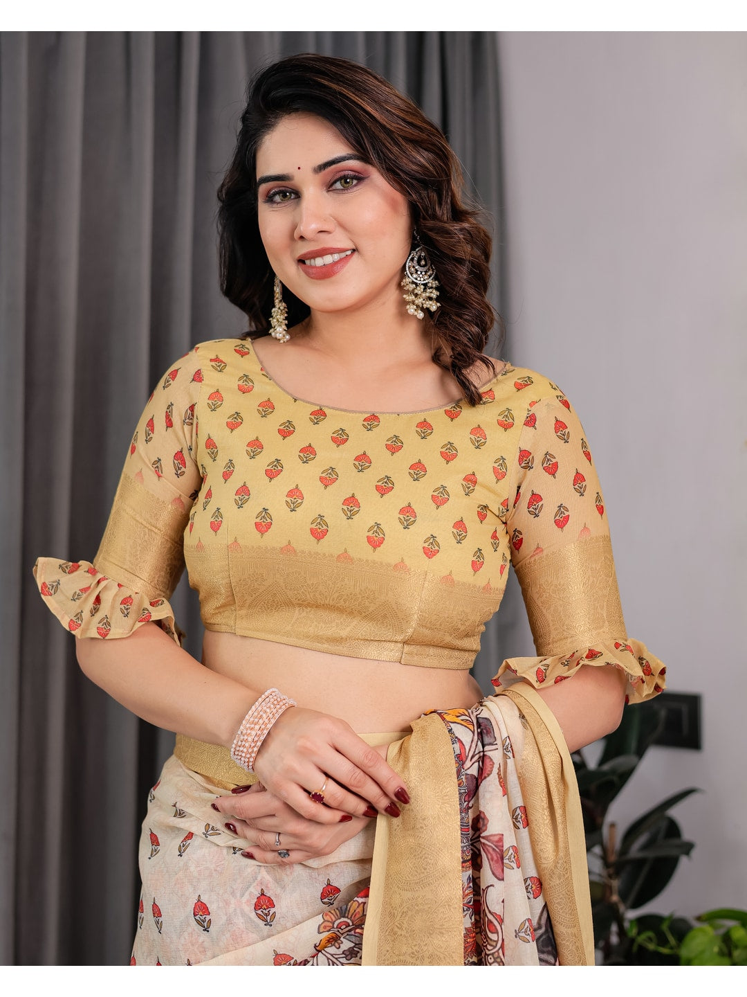 Peachmode Green Handloom Linen Cotton Floral Print Saree - Image 9