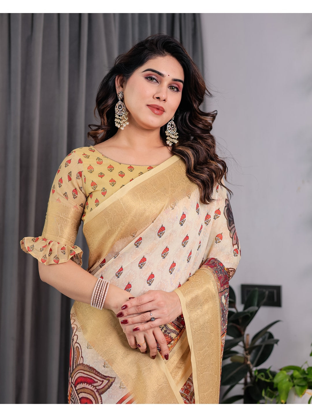 Peachmode Green Handloom Linen Cotton Floral Print Saree - Image 14