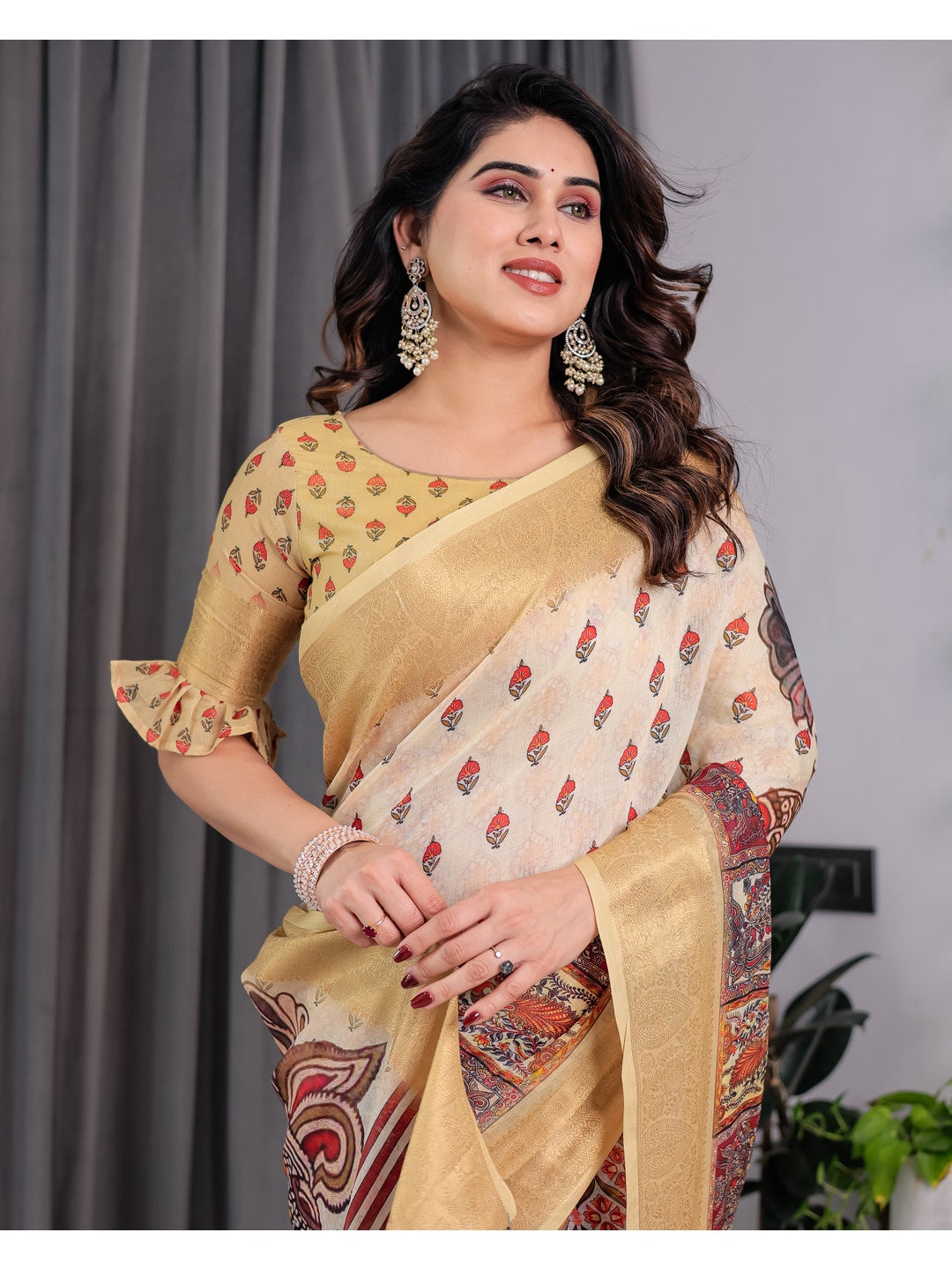 Peachmode Green Handloom Linen Cotton Floral Print Saree - Image 16