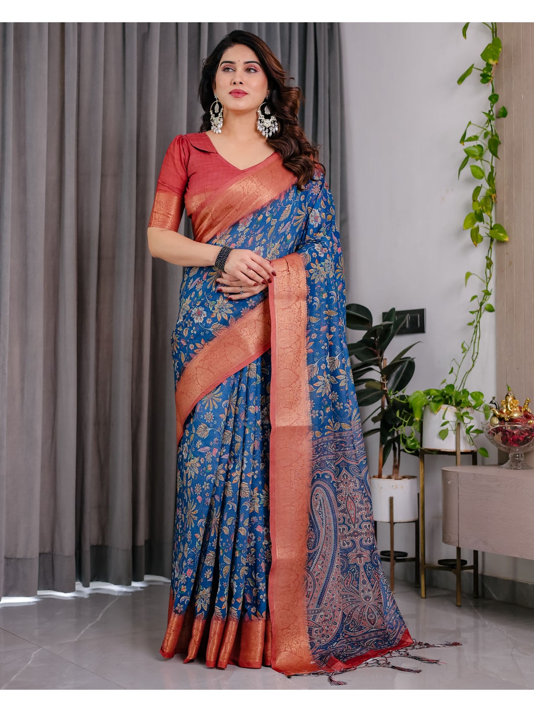 Peachmode Blue Handloom Linen Cotton Floral Print Saree - Image 1
