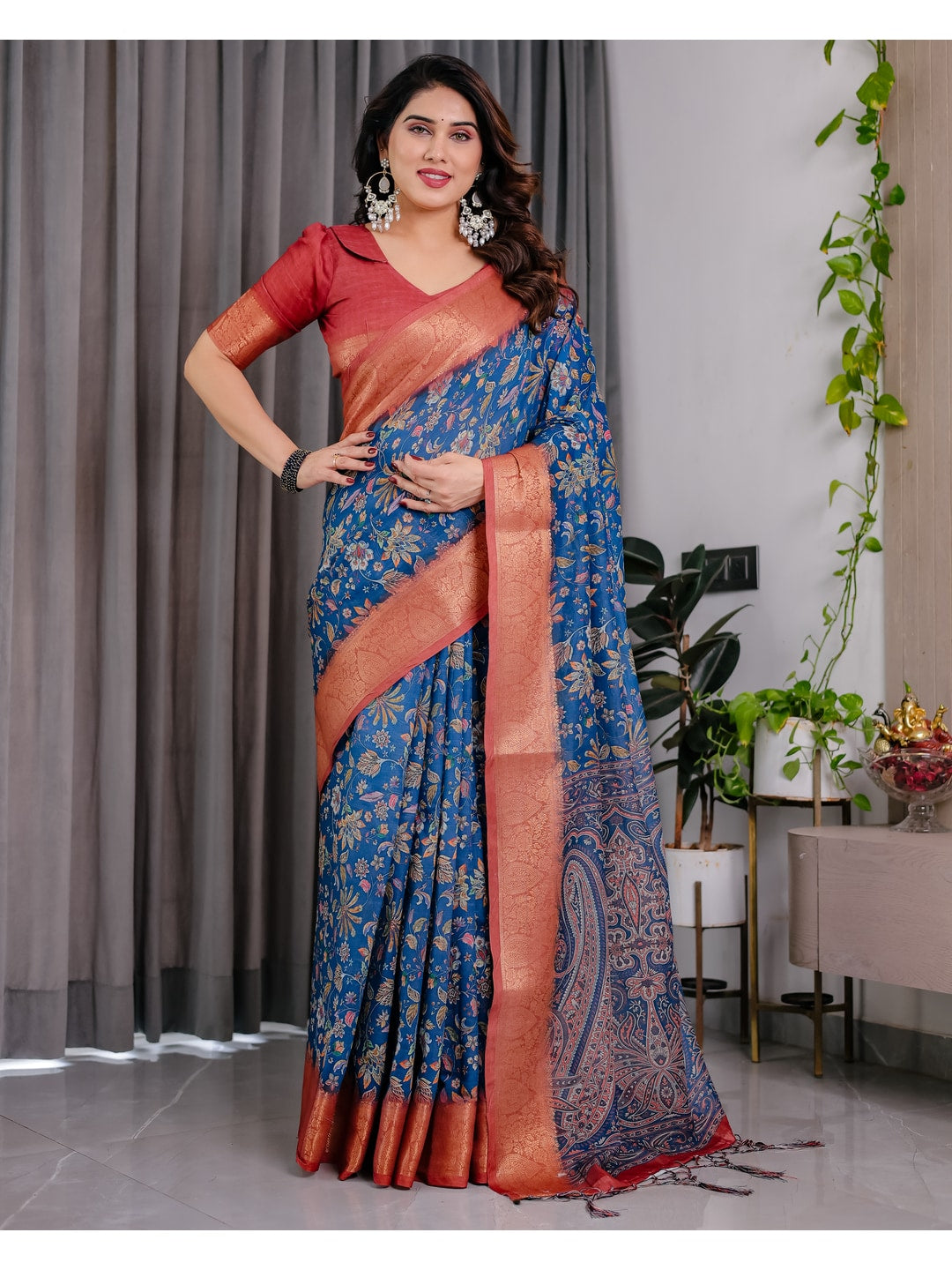 Peachmode Blue Handloom Linen Cotton Floral Print Saree - Image 2
