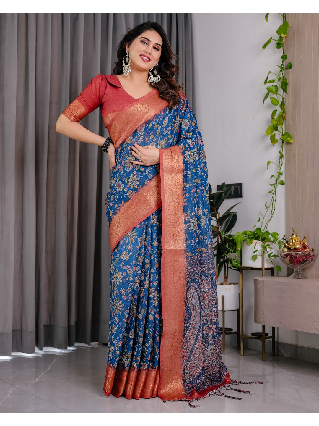 Peachmode Blue Handloom Linen Cotton Floral Print Saree - Image 3